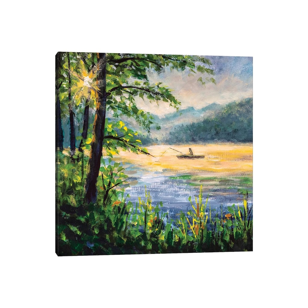 iCanvas "Fishing Painting. Fisherman In Boat In Beautiful Morning Lake." by Valery Rybakow Canvas Print