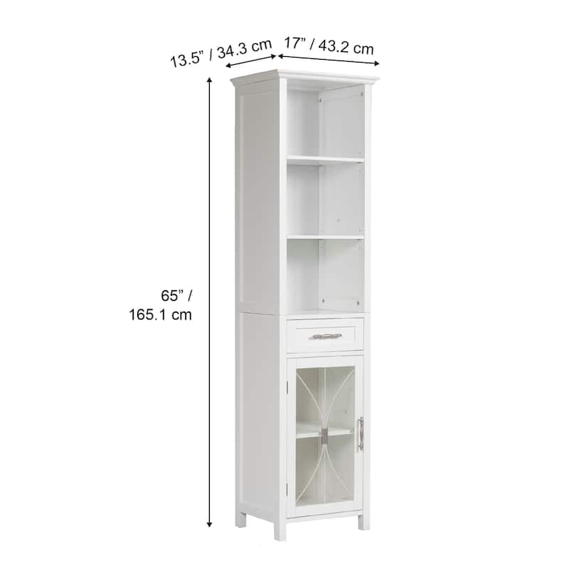 Teamson Home Delaney Freestanding Linen Tower with Open Shelves, Drawer, Cabinet - 13.5"L x 17"W x 65"H