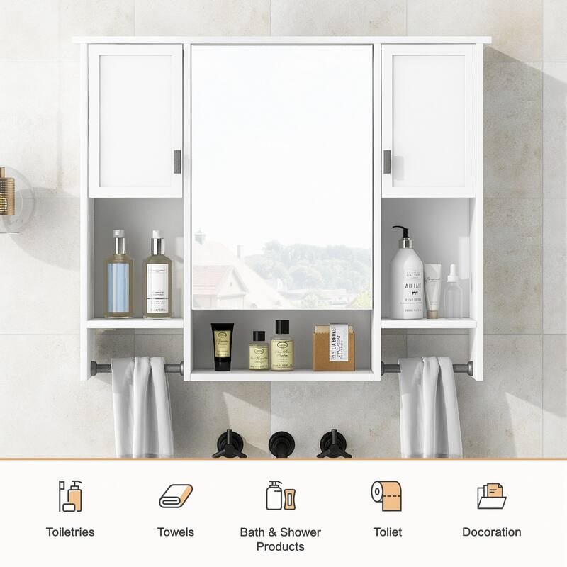 35'' x 28'' Modern Wall Mounted Bathroom Storage Cabinet with Mirror and Towel Bar,Perfect for Organized and Stylish Bathrooms