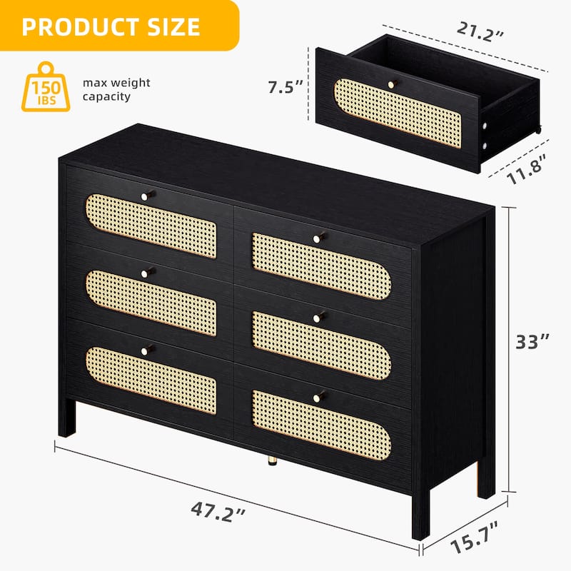 Moasis 4-6-Drawer Dresser Chest Drawer Storage Cabinet Rattan Wood Closet