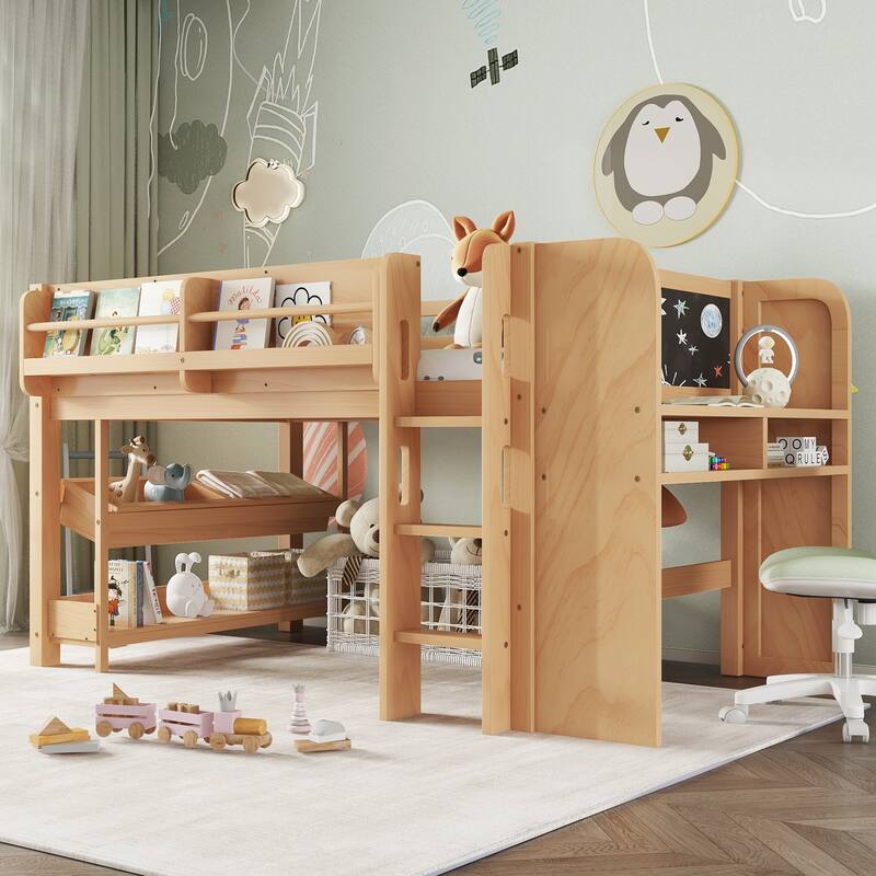 Full/Twin Size Loft Bed with Built-in Desk, Multi-Storage Bookcases & Blackboard, Solid Wood Low Loft Bed Frame - Natural - Twin