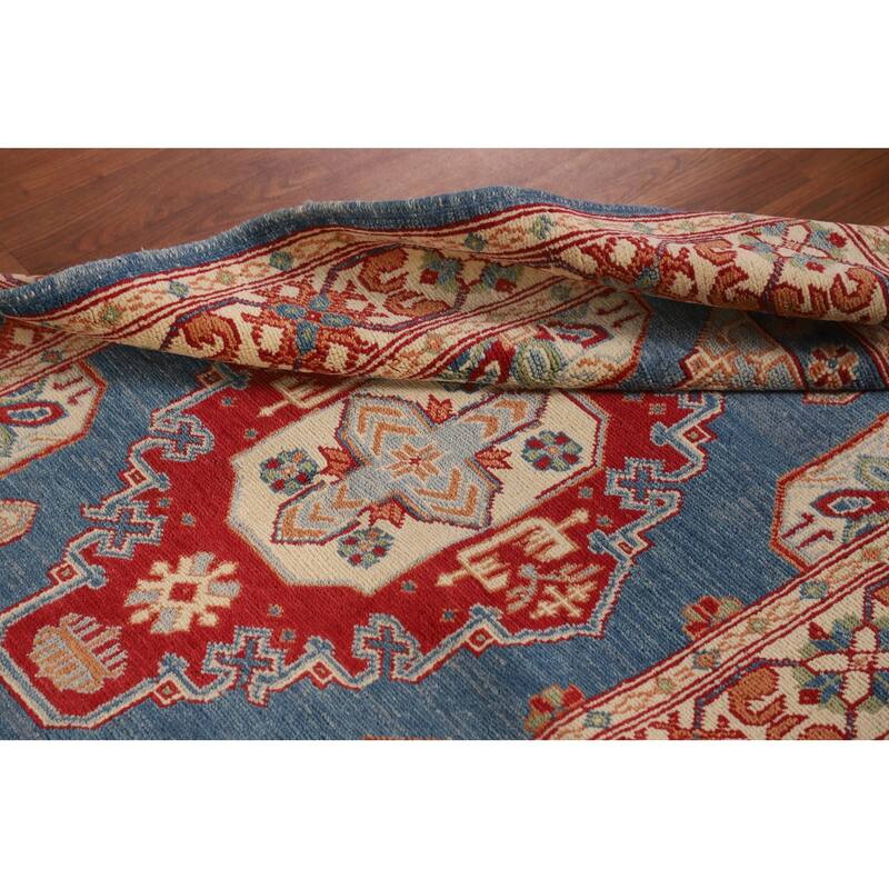 Blue Geometric Kazak Accent Rug Handmade Wool Carpet - 3'2"x 4'8"
