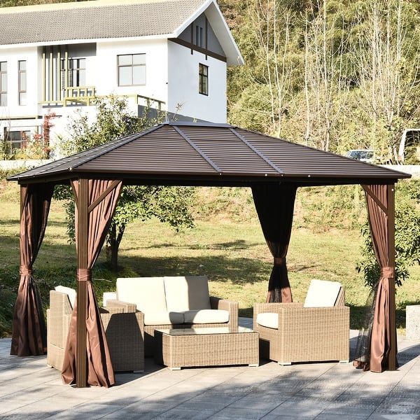 slide 1 of 19, Outsunny 10' x12' Hardtop Gazebo with Aluminum Frame, Permanent Metal Roof Gazebo Canopy with 2 Hooks, Curtains and Netting Brown