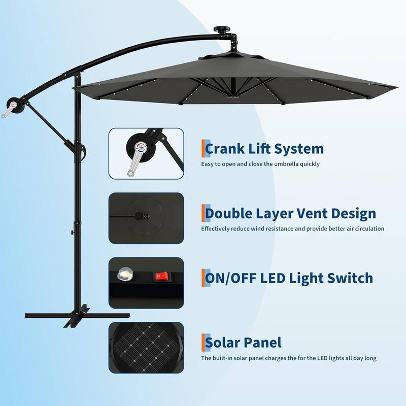10ft Solar Lights Offset Patio Umbrella, Cantilever Umbrella with Easy Lift & Tilt Adjustment, 8 Ribs Sun Umbrella UV