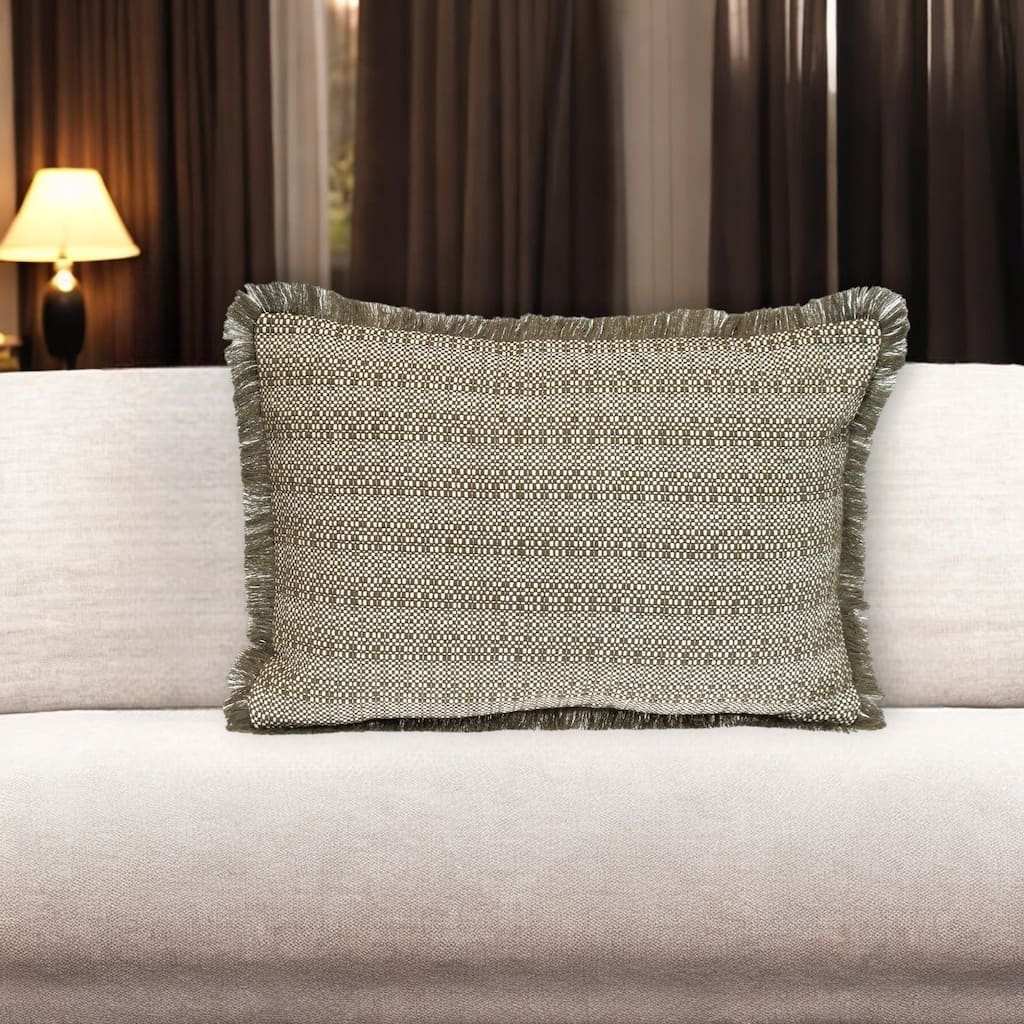 14" X 20" Green and White Cotton Lumbar Throw Pillow with Fringe