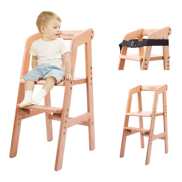 slide 2 of 7, High Chair Wooden for Toddlers Junior Childs, Sturdy Dining Feeding Chair with Steps Grows with Child, Max 60kg Natural Color