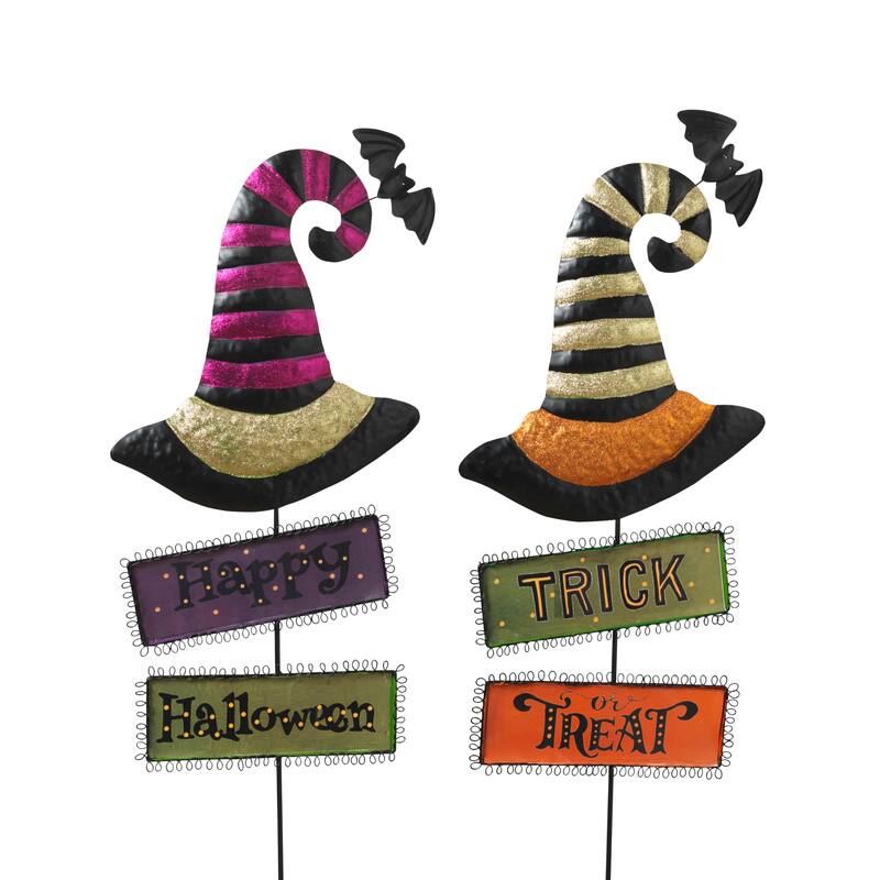 Set of 2 Spooky Halloween Witch Hat Yard Stake Outdoor Decor