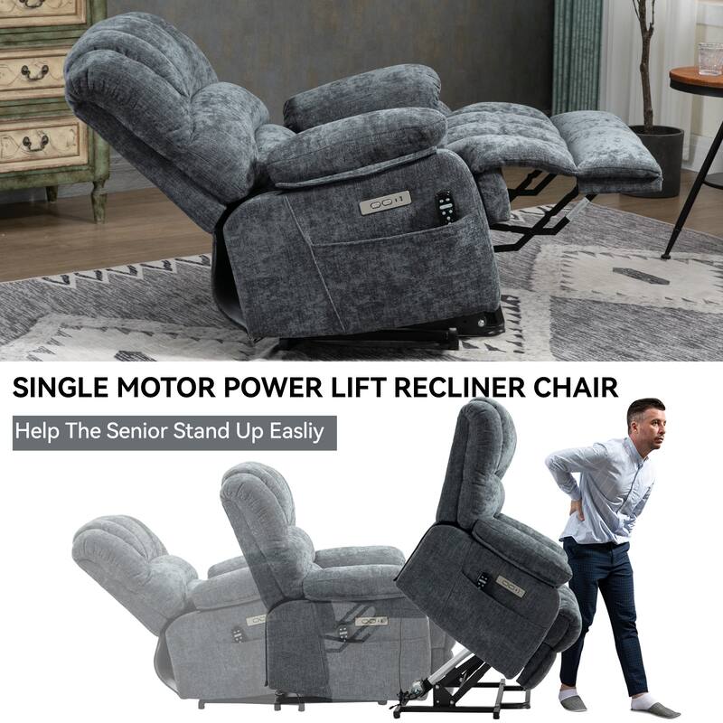 23" Seat Width and High Back Large Size Blue Grey Chenille Power Lift Recliner Chair with 8-Point Vibration Massage