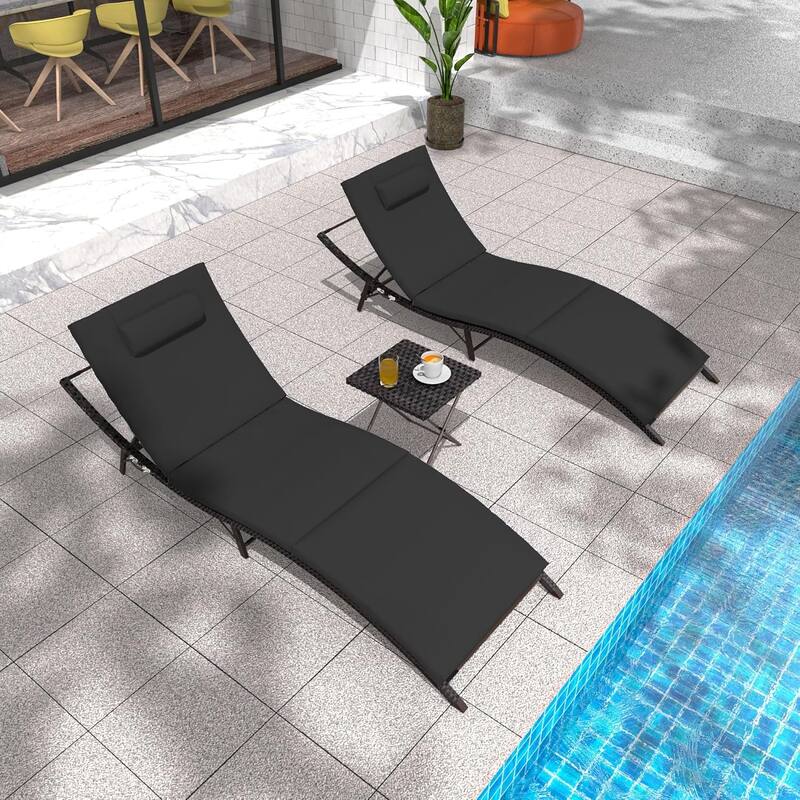 3-Pieces Wicker Outdoor Chaise Lounge Set w/ Two Foldable Lounge Chairs and one Side Table
