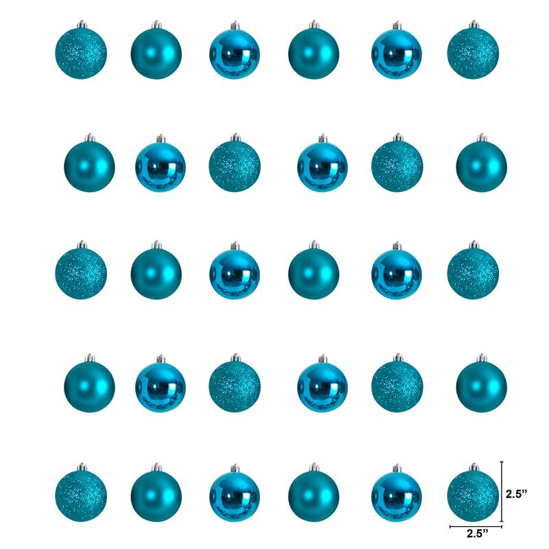 Shatterproof 3-Finish Christmas Ball Ornaments - 2.5" (60mm) - Teal - 30ct