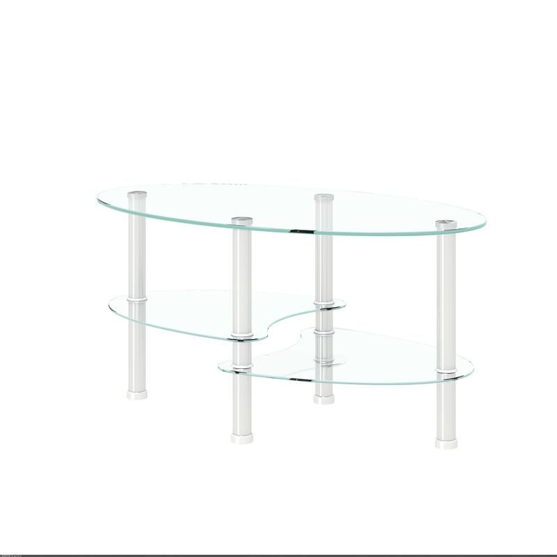 Oval glass coffee table, modern table with stainless steel leg, tea table 3-layer glass table for living room