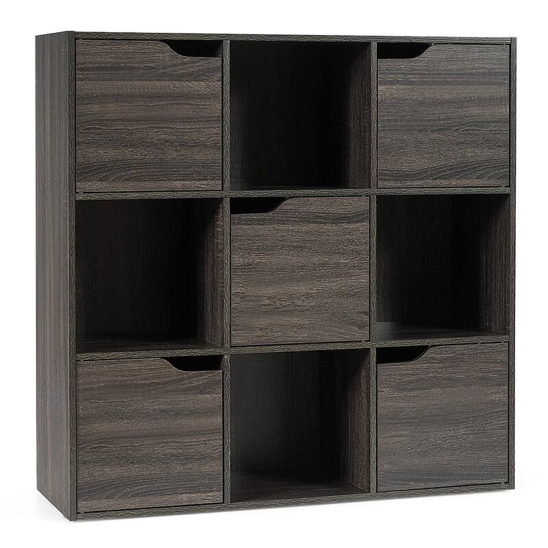 9-Cube Bookcase Toys Storage Bookshelf w/5 Doors & 4 Open Cubes - Grey