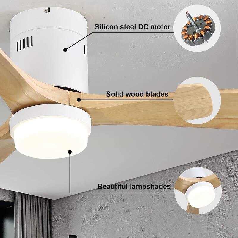 Wooden Ceiling Fan with Dimmable 3-Color LED Light & 6-Speed DC Motor, Flush Mount Fan with Timer Fuction