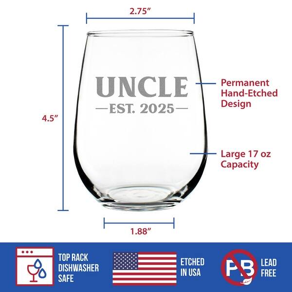 Uncle Est. 2025 - Stemless Wine Glass - Bold New Uncle Gifts - 17 Ounce ...