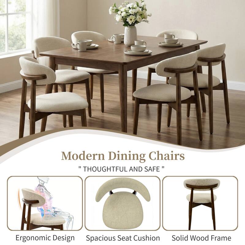 Wooden Dining Chairs Set of 2, Modern Fabric Upholstered Dining Room Chair with Curved Back, with Adjustable Foot Pads