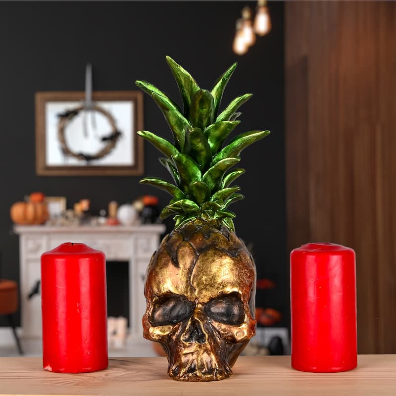 National Tree Company Halloween Tabletop Decoration, Gold, Pineapple Skull, 14 Inches - 14 in