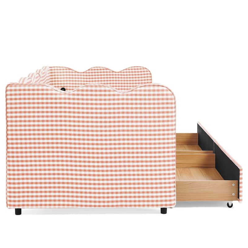 Twin Size Gingham Linen Upholstered Daybed with 2 Storage Drawers, USB Charging Station & Waved Arms