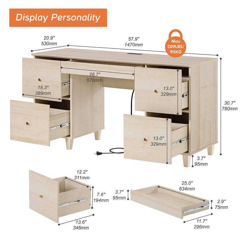 WAMPAT Executive Desk with 5 Drawers, 58 Inch Wide for Home Office