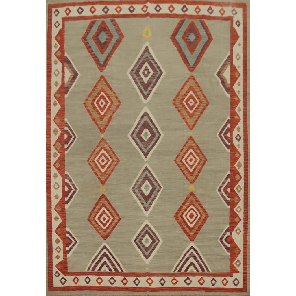 Hand Woven Oriental 100% Wool Carpet Southwestern Tribal Greys & Charcoal Kilim Area Rug - 11' 6'' X 9' 2''