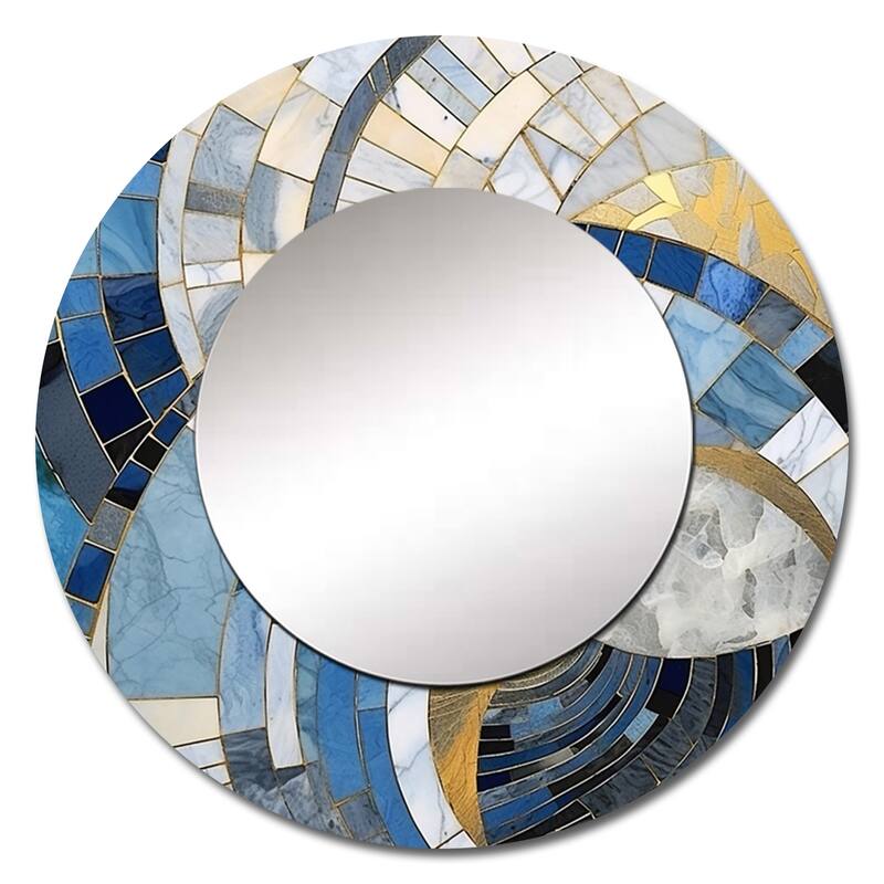 Designart "Gold Constructing Blue Realms I" Abstract Shapes Round Mirror - Modern Blue Living Room Mirror