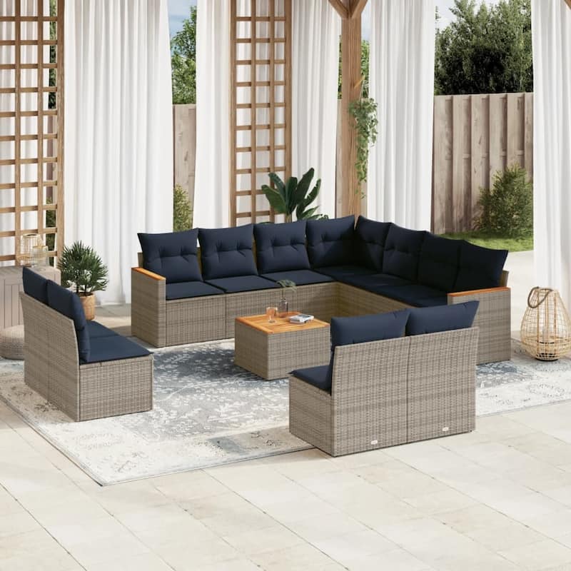 vidaXL Patio Sofa Set with Cushions Outdoor Conversation Furniture Poly Rattan - 24.4x 24.4x 27.2 - Grey and Blue-With table