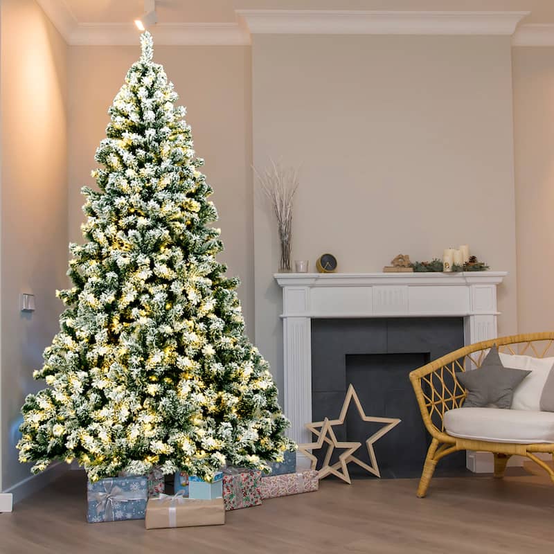 Gymax 7.5ft Prelit Snow Flocked Christmas Tree Hinged Pine Tree - See Details