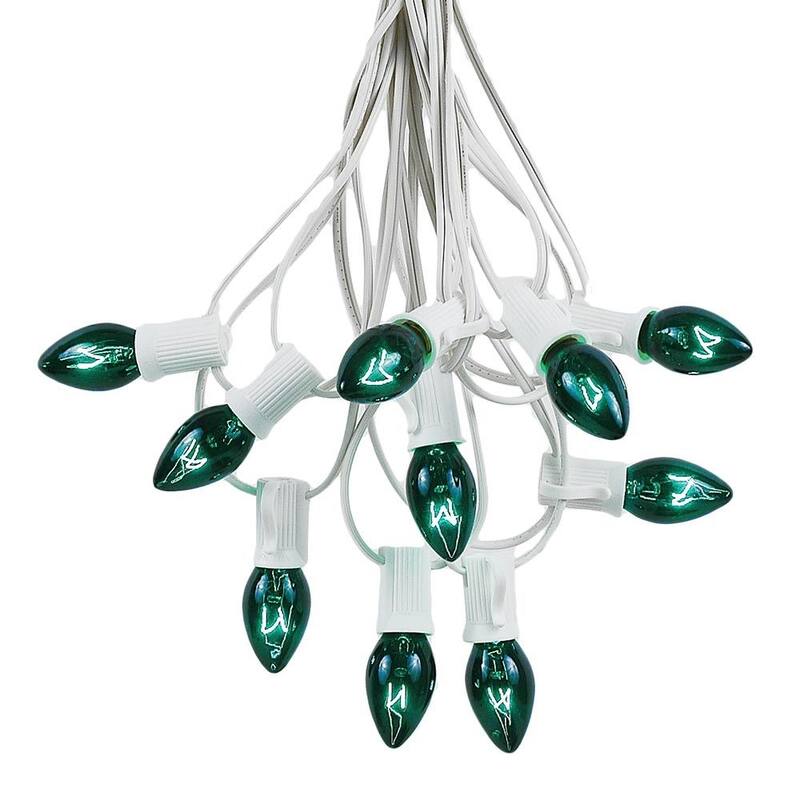 100 Foot C7 Christmas Light Set, Hanging Patio String Lights, White Wire - Green