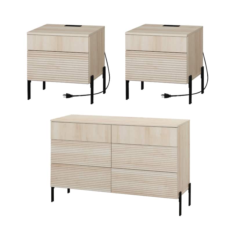 WAMPAT 3-Piece Modern Bedroom Set, 47" Fluted Dresser with 6 Drawers & 2 Nightstands with Charging Station, Oak - Beige