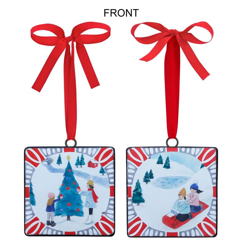 Winter Sledding and Tree Decorating Christmas Tag Ornaments - 5" - 12ct