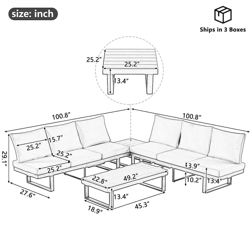 Outdoor Modular Sectional Sofa Set with Coffee Table, Side Table, and Adjustable Reclining Seats