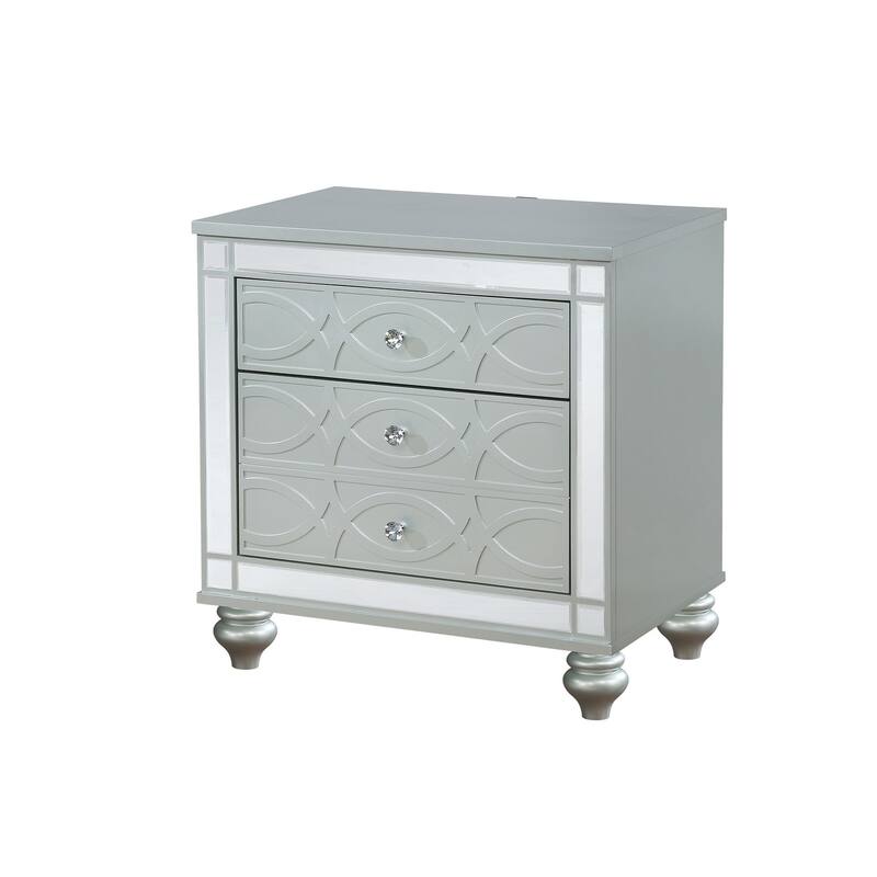 Gina 29 Inch Modern Glam Nightstand, Round Crystal Knobs, USB Ports, Silver