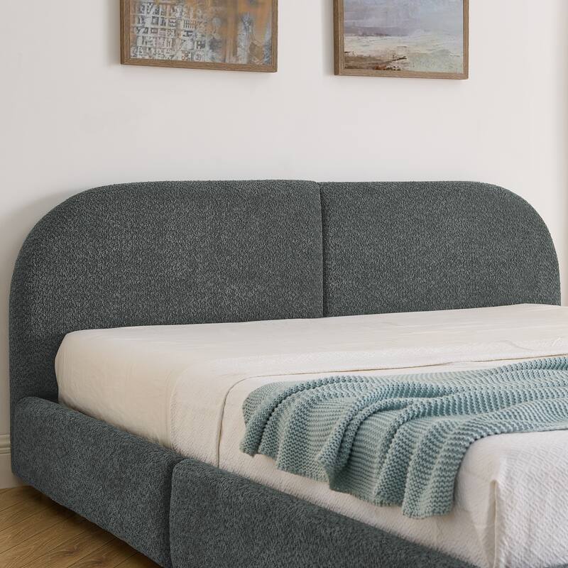 Queen Size Upholstered Bed Frame Modern Minimalist Style - Circle Yarn Fabric, Tall Curved Headboard