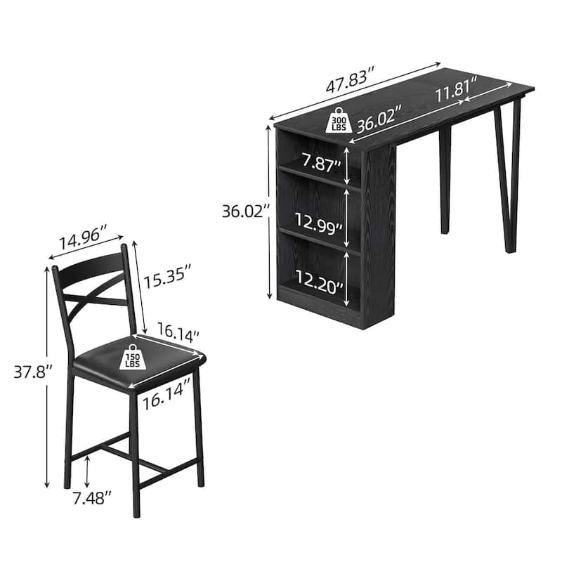 3-Piece 36in Wooden Counter Height Dining Table Set for Kitchen, Bar Table and Chairs