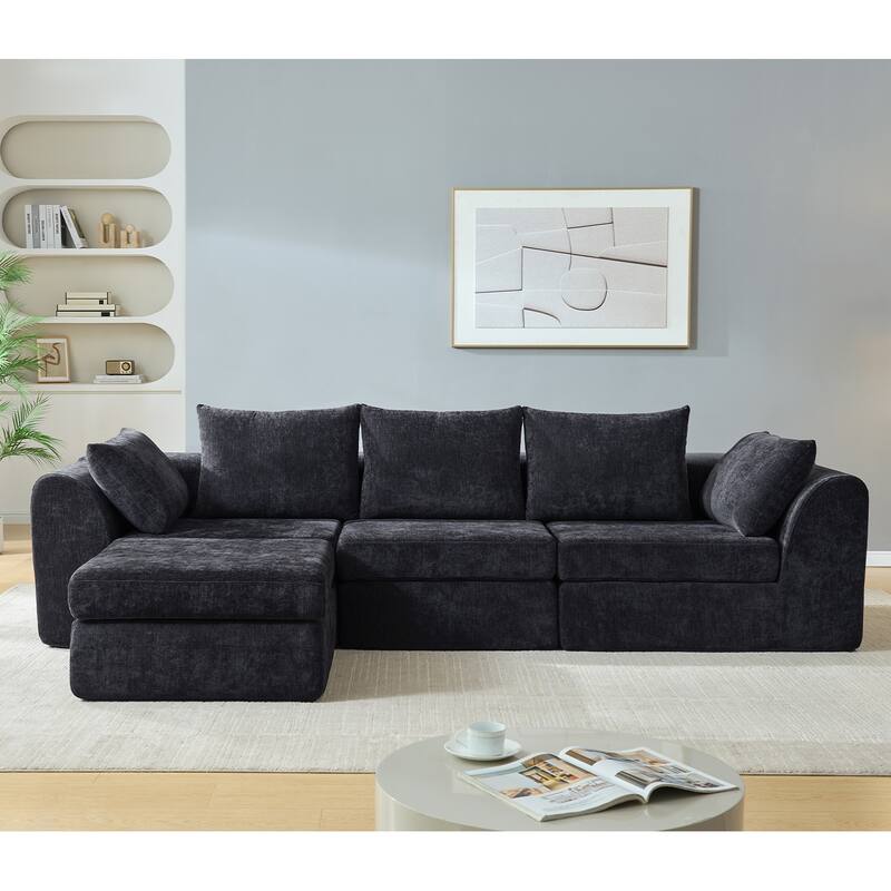 118 inch Oversized 3 Seater Deep Seat L-Shaped Sectional Couches Cloud Chenille Modular Boneless Sofa with Movable Ottoman