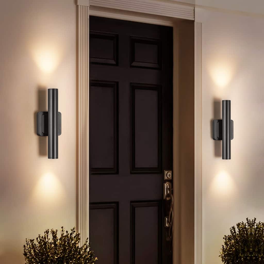 2-Light Modern Black Linear Cylinder Integrated LED Outdoor Wall Sconce Waterproof IP54 Outside Light Fixtures for House