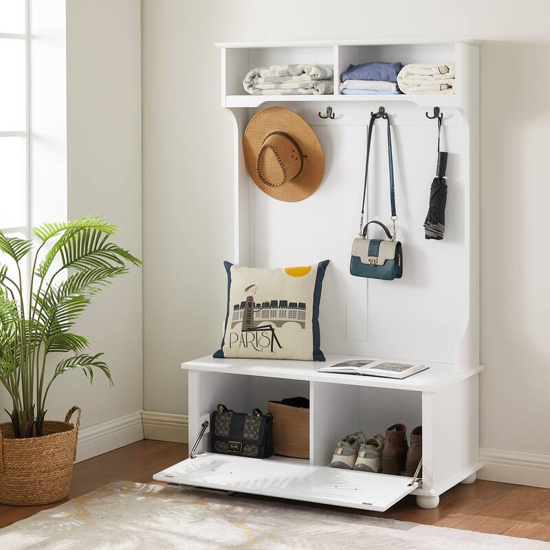 Modern Classic Hall Tree with Shoe Rack Bench and Coat Hooks for Hanging Storage