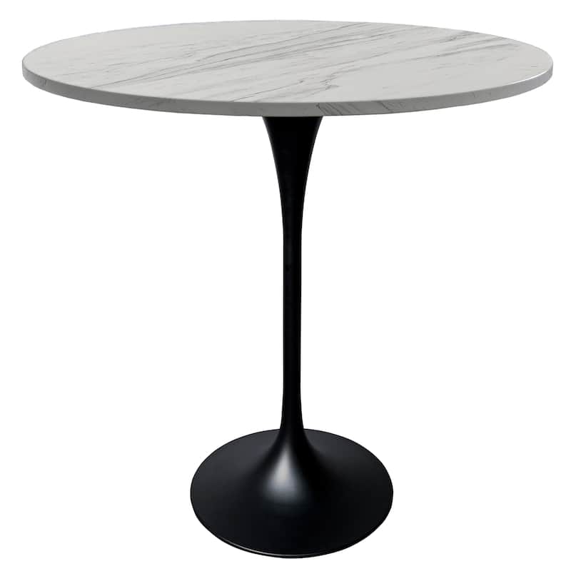 LeisureMod Verve Round Bar Dining Table with White Resin TableTop and Black Steel Base for Kitchen & Dining Room - 36-Inch
