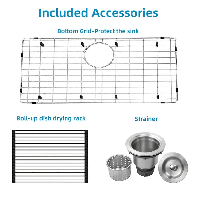 CB HOME 32'' Gold/Black/Sliver Drop in Kitchen Sink with Accessories, Undermount Single Bowl Sink with Grid&Roll up Rack&Drainer