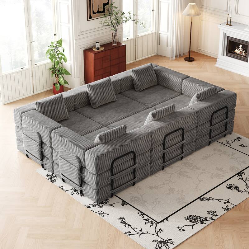 Corduroy Folding Loveseat Couch Set of 3 Convertible Sleeper Sofa Bed with Side Pockets, Modular Floor Mats with Anti-slip Pads