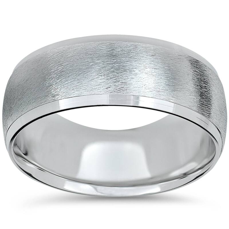 Mens White Gold 8mm Beveled Wedding Ring Band Brush