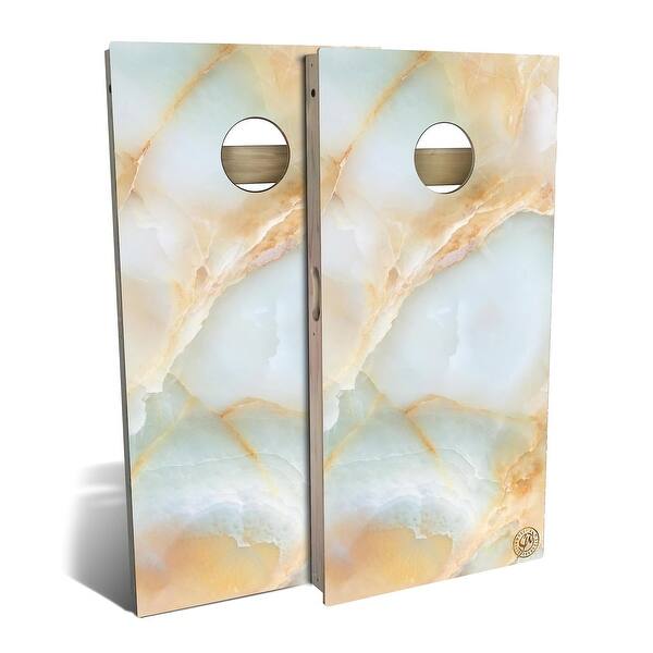 slide 2 of 8, Green and Gold Marble Outdoor Cornhole Board Set Backyard 2x4 - Include Carrying Case