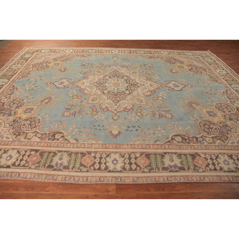 Light Blue Medallion Tabriz Persian Rug Handmade Wool Carpet - 9'7"x 12'10"