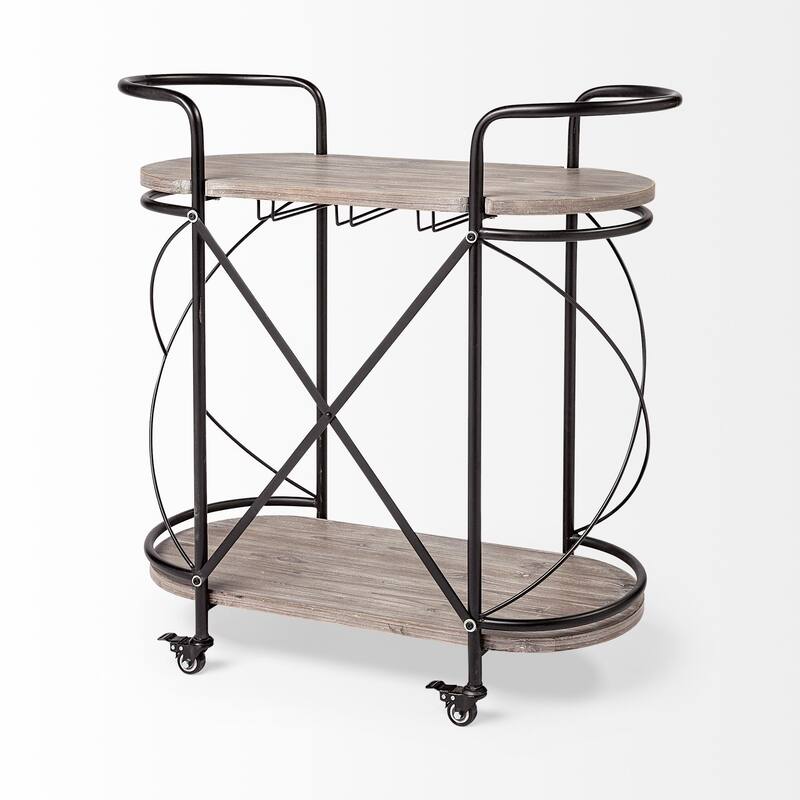 Cyclider Black Metal With Two Wooden Shelves Bar Cart - 34.6L x 15.4W x 34.3H