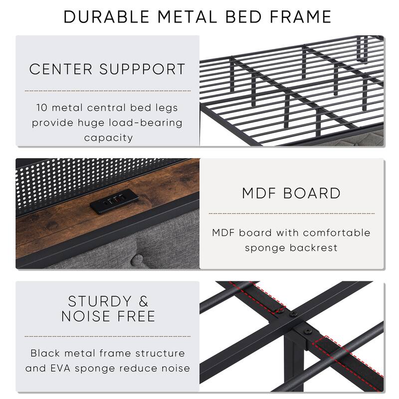 Grey Upholstered Full Bed Frame with Storage Headboard, USB Ports, and LED Lights