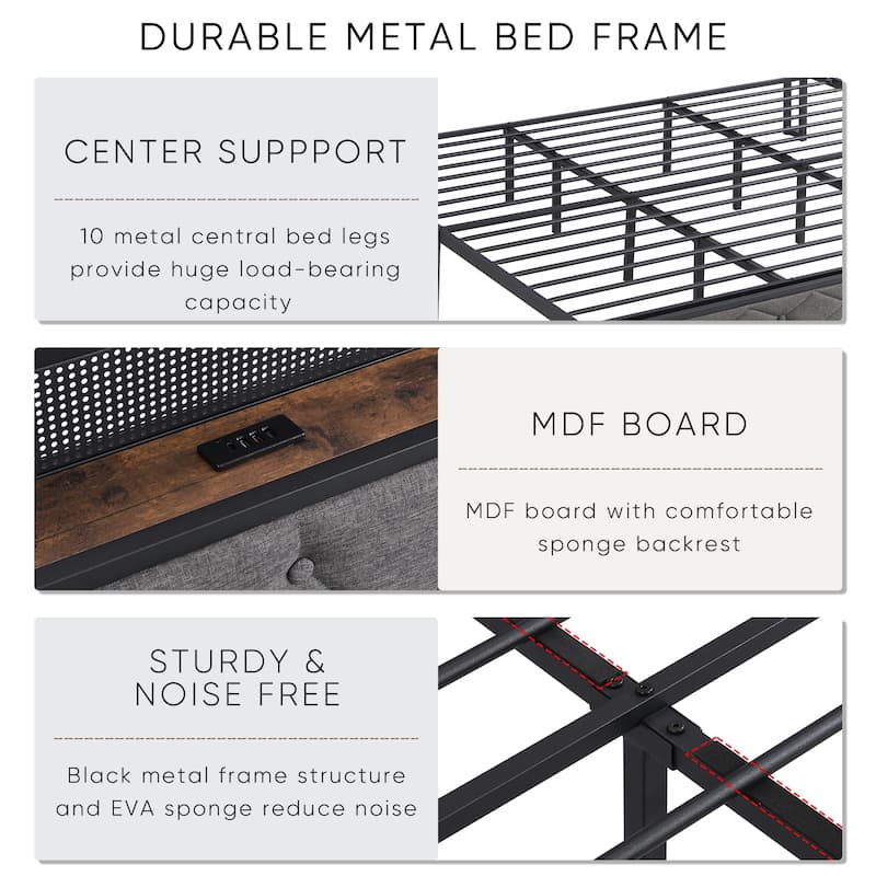 King Bed Frame with Storage Headboard, Charging Station, LED Lights, Upholstered Platform, Noise Free, Easy Assembly, Dark Gray