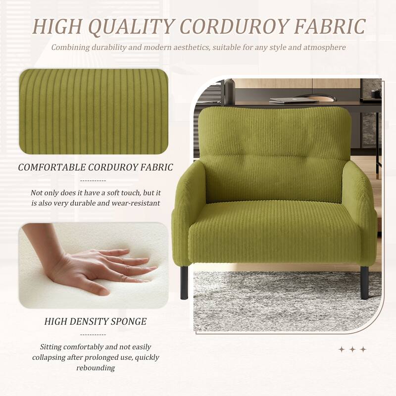 Corduroy Upholstered Single Sofa Chair, Lounge Reading Chair with Side Pockets, Armchair with Solid Wood Frame - Olive Green