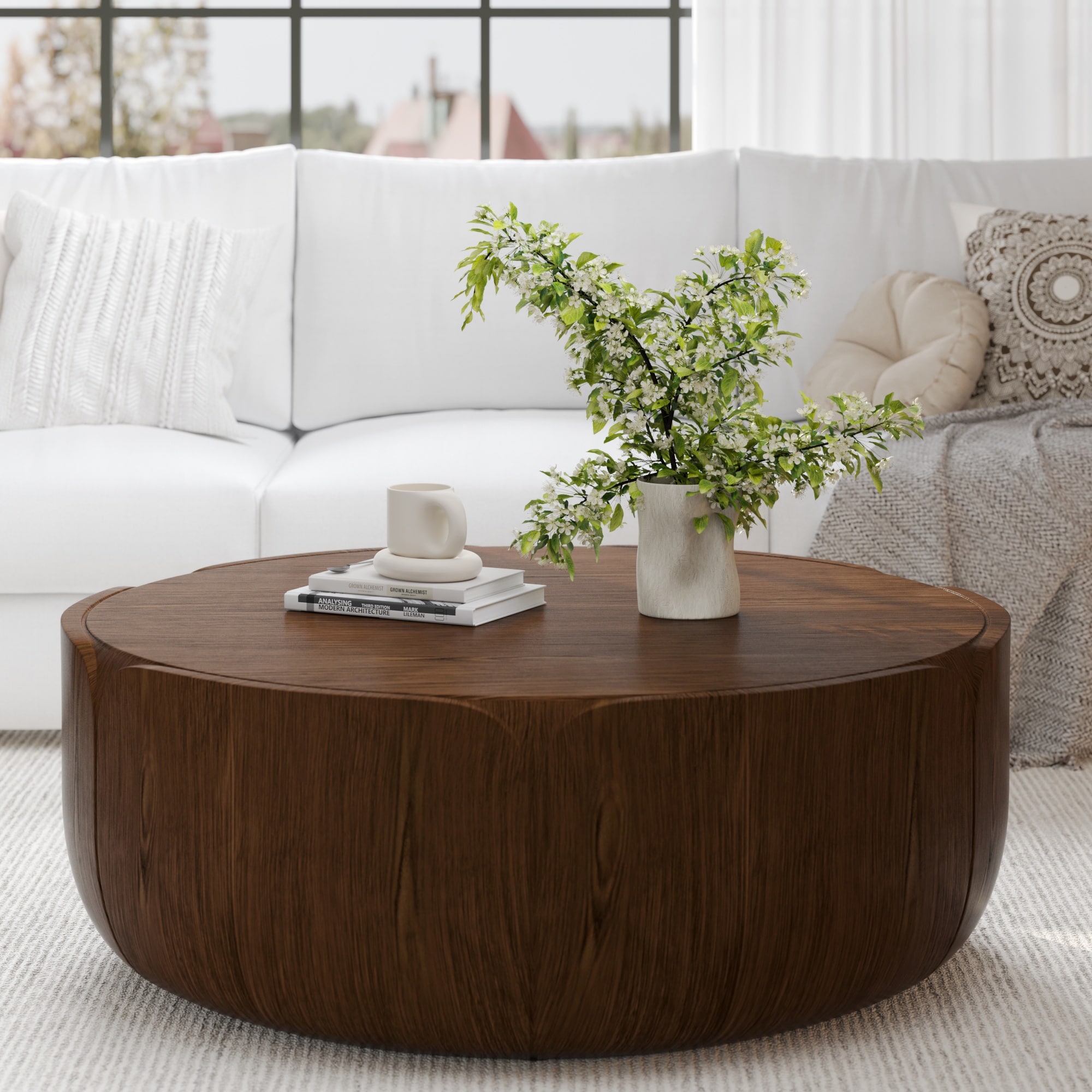35.63" Round Outdoor Indoor Coffee Table, Modern Wood Grain Drum Center Table, Sturdy MGO (Magnesium Oxide) Waterproof