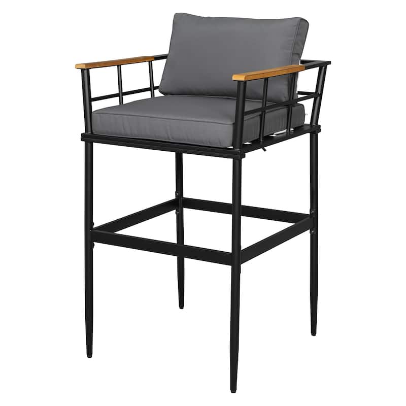 5-Piece Outdoor Iron Counter Height Dining Set with Table and 5 Acacia Wood Armrest Chair