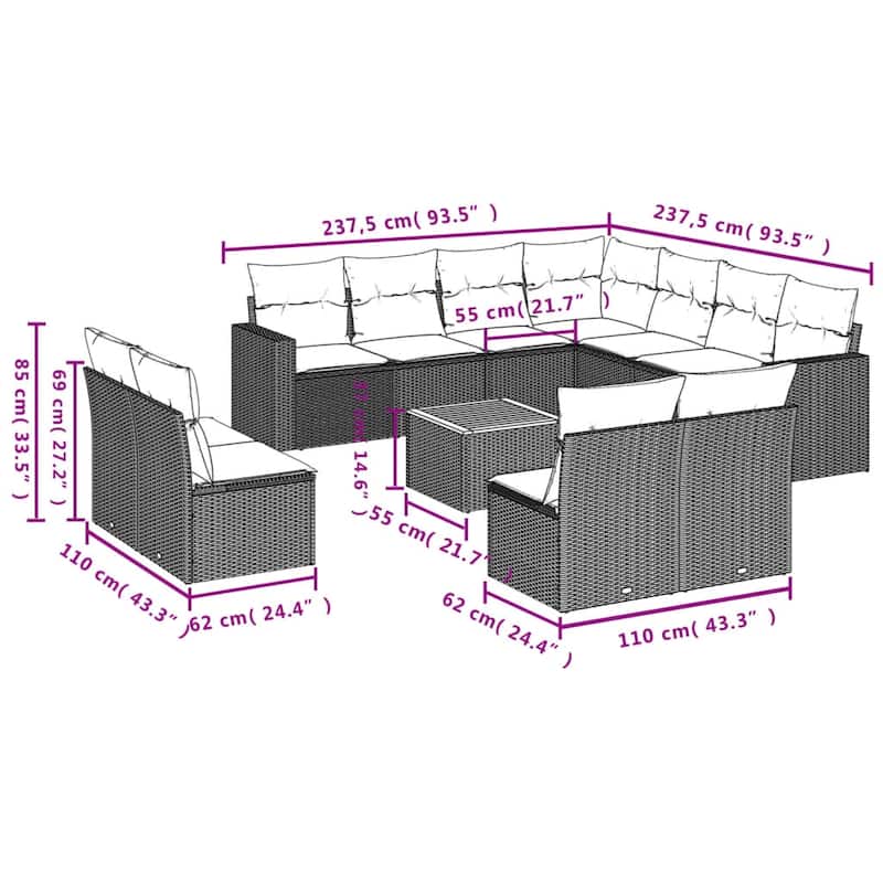 vidaXL Garden Sofa Set Black PE Rattan Large Modular Garden Sofa Set - 24.4 x 25.8 x 27.2
