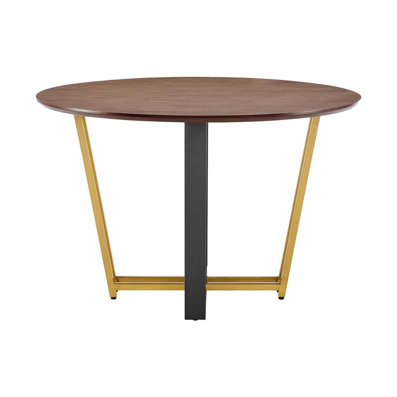 Leyne 48 Inch Round Dining Table, Gold Steel and Black Iron, Walnut Veneer - Walnut Brown, Black, Gold